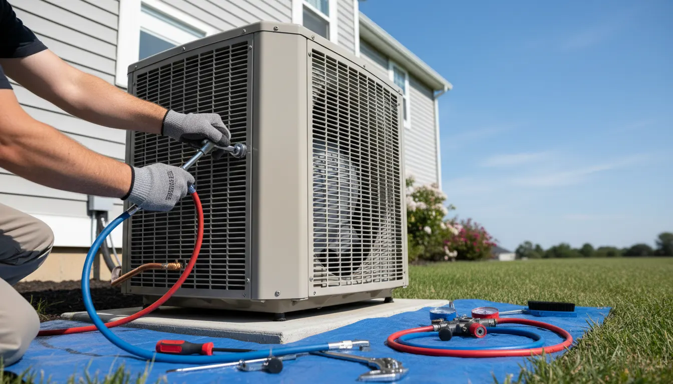 Technician servicing an outdoor AC condenser